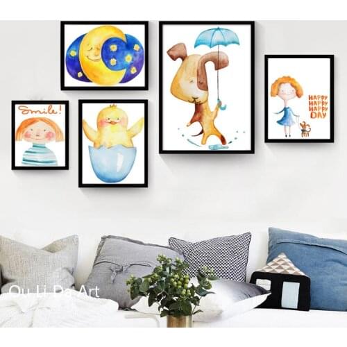 No frame modern cartoon cute girl boy dog canvas printings oil painting printed on canvas Kid room wall art decoration picture