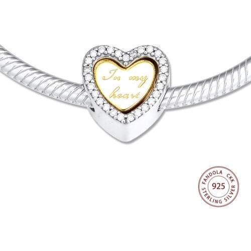 CKK Fits Pandora Bracelet 925 Sterling Silver Clear CZ In My Heart Charm Beads Women Jewelry Making perles bijoux femme