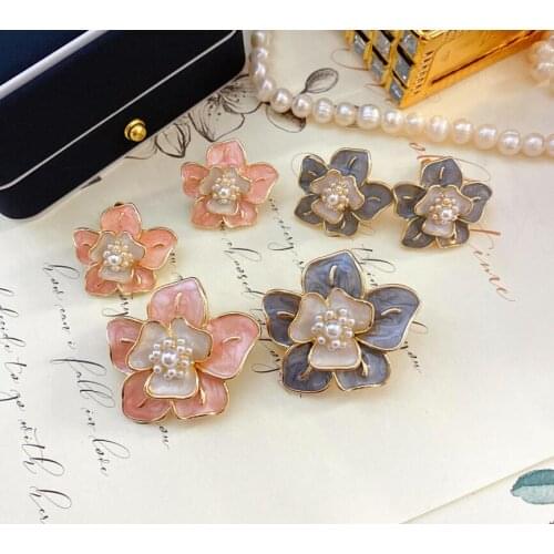 CSxjd Exquisite antique jewellery enamel pearl camellia flower earrings and brooch pin 2021 New