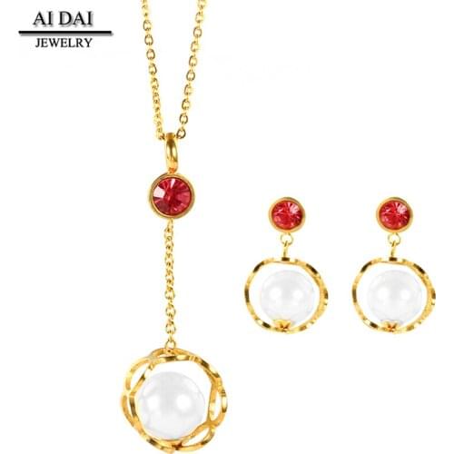 Fairy girl pearl titanium steel tassel elegant earrings pendant necklace set gold-plated earrings necklace jewelry