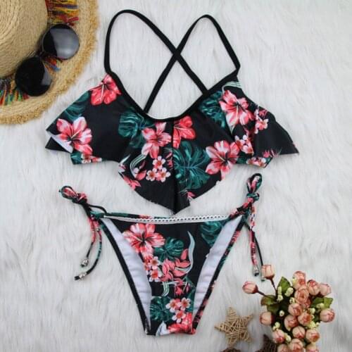 #H30 Ruffles Floral Print Bikini Set Women Swimsuit Bandage Push Up Bikini Set Brazilian Bikini Swimwear Beachwear Swimsuit