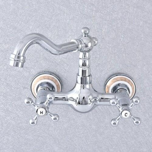 Chrome Brass Wall Mount Swivel Spout Bathroom Kitchen Sink Faucet Double Cross Handle Mixer Tap Lsf765