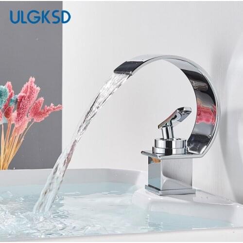 Bathroom Chrome Basin Faucet Waterfall Spout Solid Brass Body Deck Mount Sink Faucet Single Handle Cold Hot Mixer Tap Crane