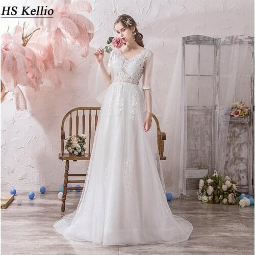 New Arrival Vneck Flowing Wedding Dress Soft Tulle Sleeves Floor Length Beach Bridal Gown