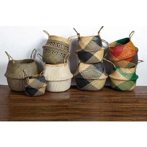 1pc Seagrass Storage Basket Flowerpot Clothes Organizer Foldable Straw Planter Handmade Rattan Woven Flower Baskets