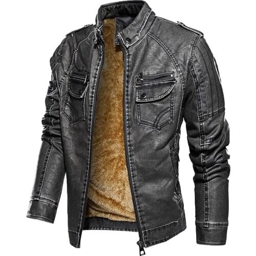 Winter Mens Leather Jackets Motorcycle Stand Collar Zipper Pockets Male Plus Size PU Coats Biker Faux Leather Fashion Outerwear