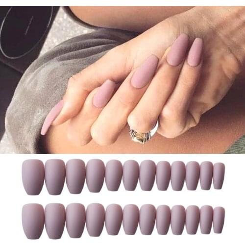 24pcs Coffin Fake Nails Matte Pink Black Blue Color Ballerina False Nail Art Tips With Glue Acrylic Full Cover Fake Nails