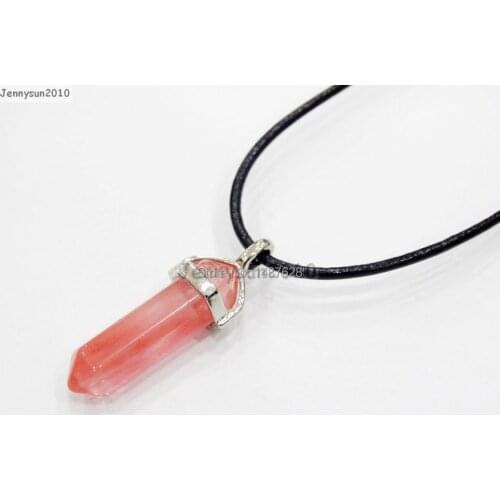 Natural Cherry Quartz Gems Stones Hexagonal Pointed Healing Reiki Chakra Pendant Black Leather Cord Necklace18''lnch 5 Sets/Pack