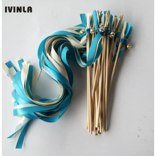 Newest 50pcs/lot blue and cream stain wedding ribbon wands with colorfull bell for wedding party