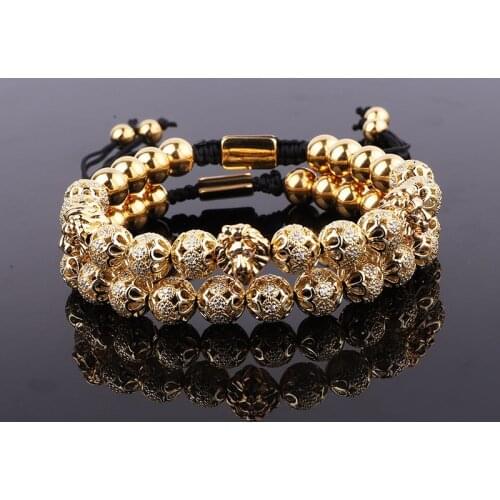 New Design Luxury Men Lion Bracelet Jewelry Gold Plated CZ Pave Ball Charm Beaded Macrame Couple Bracelet Set