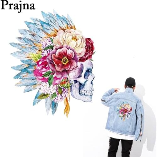 Prajna Indian Style Skull Feather Stickers Patch Iron-on Transfers DIY Jacket T-shirt Clothes Grade-A Thermal Decoration E