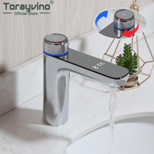 Torayvino Luxury Temperature Display Bathroom Faucet Deck Mounted Basin Sink Rotary Switch Faucet Washbasin Mixer Water Tap