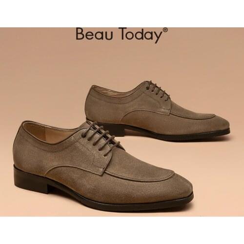 Men Leather Shoes Cow Suede Pointed Toe Lace-Up Derby Shoes Breathable High Quality Dress Shoes for Men Handmade BeauToday 51073