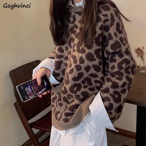 Women Pullovers Thickening O-neck Leopard Knitting Oversize Ulzzang Fashion Chic Leisure All-match Popular Harajuku Sweater New