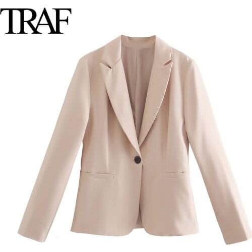 Traf Za Women Clothes Fall 2021 Korean Fashion One Button Straight Suit Blazer Pink Jacket Coats Chic Office Lady Tops Mujer