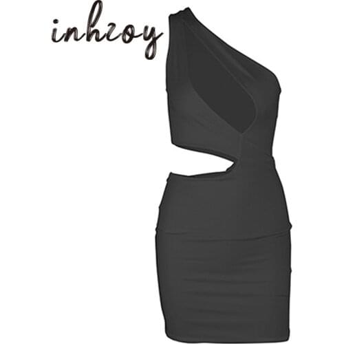 Women Sexy Mini Dress Solid Color Slope Shoulder Bandage Hollow Out Bodycon Summer Clothes Clubwear Female Cocktail Party Dress