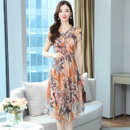 2021summer Womens Chiffon V Neck Flower Print Dress Casual Short sleeve Dress Female Boho Leisure A Line Party