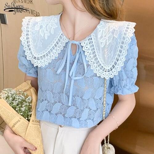 2021 Summer New Lace-Up Peter Pan Collar Shirt Embroidery Puff Short Sleeve Women Tops Clothes Cotton Women Blouse Blusas 15263