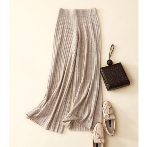 Autumn winter new style womens ribbed knit wide leg pants korean fashion high quality 100% cashmere trousers