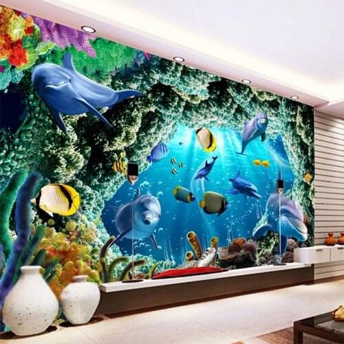 Custom Wall Cloth 3D Cartoon Underwater World Dolphins Cave Photo Murals Wallpaper Children Kids Bedroom Home Decor Wall Paper