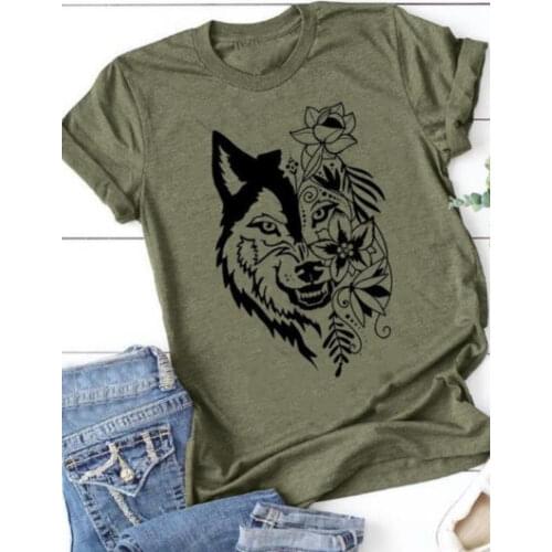 Wolf Head Floral Print T Shirt Women Short Sleeve O Neck Loose Tshirt Summer Women Tee Shirt Tops Camisetas Mujer