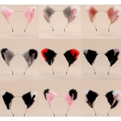 Gradient Color Block Faux Fur Animal Headband Plush Kitten Wolf Ears Hair Hoop Anime Maid Lolita Halloween Party Cosplay Costume