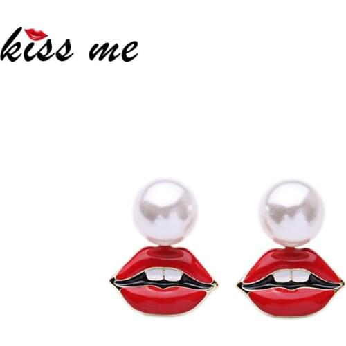 Kissme Brand Alloy Enamel Red Lip Simulated Pearl Earrings Summer All-Match Women Accessories Stud Earrings