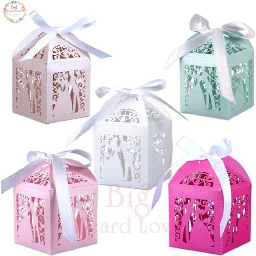 Big Heard Love 50pc laser cut bride and groom wedding box candy box wedding favor box gift box wedding decoration party supplies