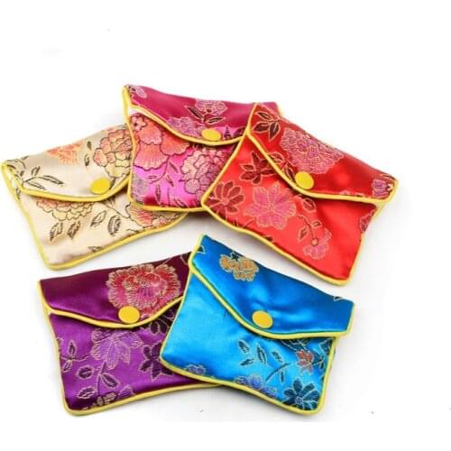 Floral Small Zipper Coin Pouch Jewelry Gift Bag Silk brocade Credit Card Holder Women Mini Wallet 6x8 8x10 10x12cm 12pcs/lot