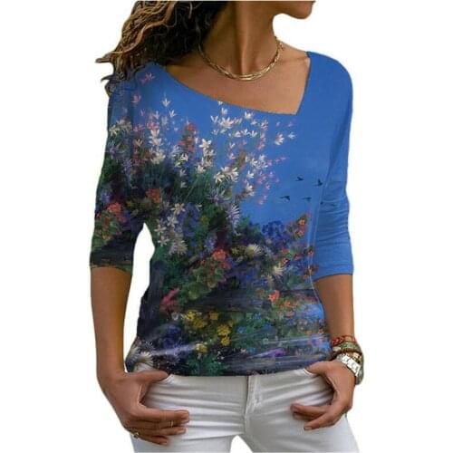 Fashion Floral Print Womens T Shirts Autumn New 2021 Long Sleeve Casual Loose Female Cotton Tees Street Winter Clothing Tops