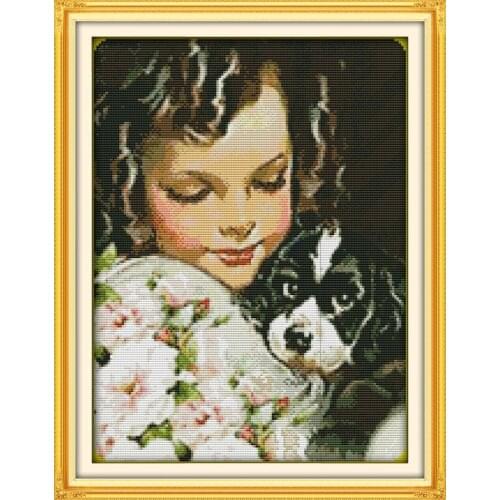 Dog and girl cross stitch kit people 18ct 14ct 11ct count print canvas stitches embroidery DIY handmade needlework