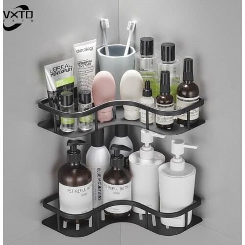 Drill Free Wall Mounted Bathroom Shelf Black Aluminum Triangle Shampoo Shelf Cosmetic Shelves Kitchen Nets Shelf Organizer Rack
