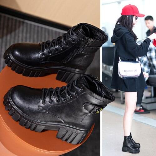 Shoes for Women Leather Martin Boots Womens Soled Boots Lace Up Leather Zapatillas Mujer Chaussure Femme Black Ankle Boots