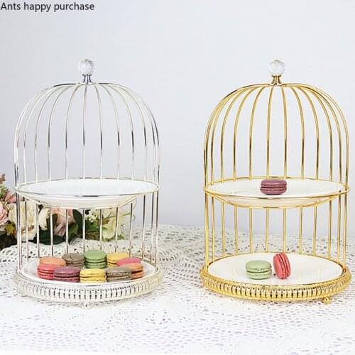 Birdcage Cake Stand Two Floors Three Floors Ceramic Plate Golden Silver Metal Snack Rack Dessert Cake Pastry Tray Display Stand