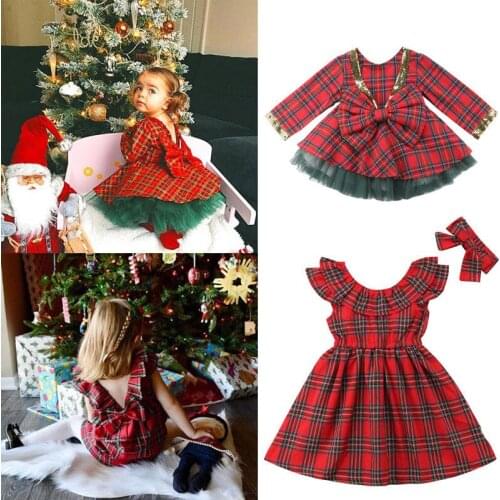 Xmas Cute Pretty Toddler Baby Girls Party Dress 1-6Y Long Sleeve Ruffles Plaid Knee-Length A-Line Red Dress Autumn Clothes