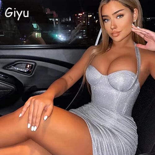 Giyu Night Club Party Satin Dress Women Clothing Sexy Bodycon Mini Dresses 2021 Summer Backless Sleeveless Ruched Vestidos White