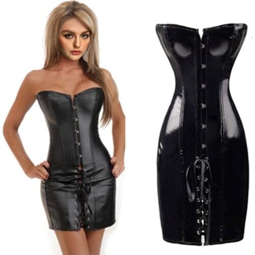Sexy fashion PVC shapewear leotard dress appeal leather Black red dress court corset Pole dancing clothes