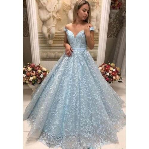 2019 Chic Blue Off the Shoulder Full Lace Prom Dresses V Neck Sleeveless A Line Party Gowns Floor Length Plus Size Formal Dress