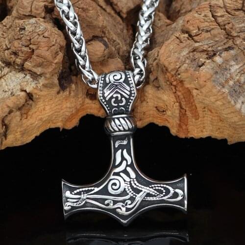 Nordic Viking Mjolnir Stainless Steel Thor Hammer Necklace For Men With Valknut Gift Bag