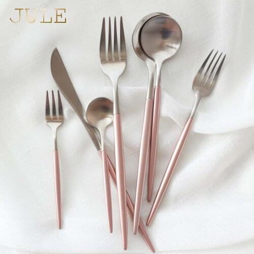 Pink Style Cutlery Eco-friendly 18/8 Stainless Steel Dinner Knives S poons Dinning Forks Dinnerware Sets Table Service Flat ware