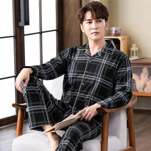 Spring autumn Cotton Pajamas Sets For Men Black Plaid Sleepwear Suit Casual Home Clothes Pijamas Hombre Loungewear Plus Size 4XL