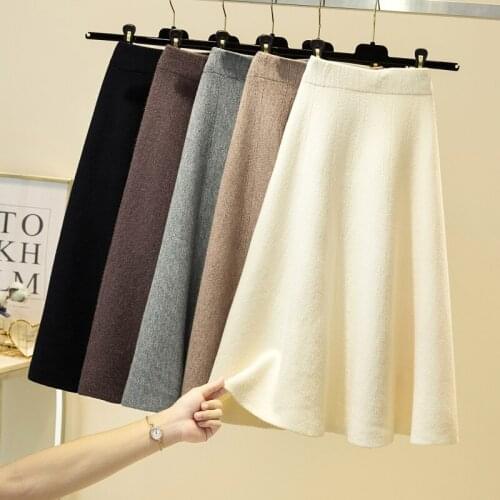 Thick Warm Soft Knit Womens Skirt Autum Winter 2021 High Waist A-Line Office Lady Elegant Mid Skirts Gray Khaki Faldas