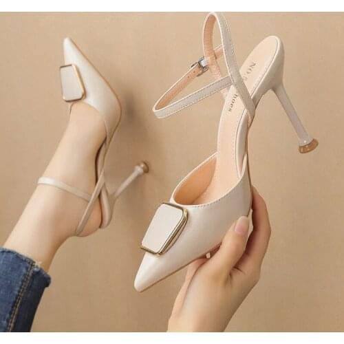 Women sandals PU Buckle Strap 6.5CM 9.5CM Thin Heels High heels Pointed Toe Metal decoration Shallow women shoes size 35-42