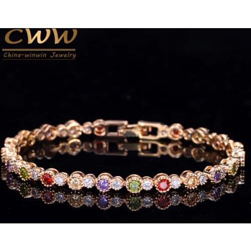 CWWZircons Fashion Brand Gold Color Multi Green Red Purple Cubic Zirconia Crystal Chain Link Bracelets Jewelry for Women CB038