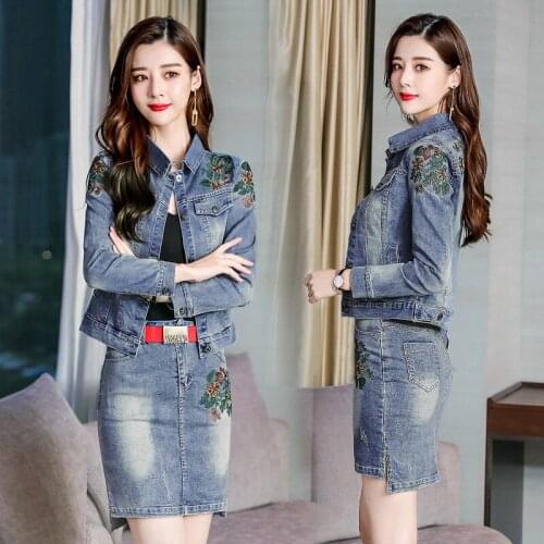 2021 Autumn Women Floral Embroidery Denim Jacket Skirt Suit Elegant Casual 2 Pieces Set Short Jean Coat Mini Skirts Suit