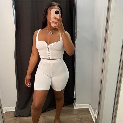 Women Shorts Sets 2PCS Solid Color Sleeveless Buckle Corset Crop Tops and Elastic Waist Shorts Rib Knit Clothes Casual Homewear