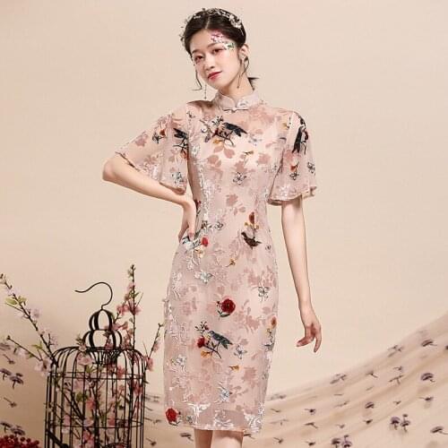 Summer Dress Woman S-XXL 2020 New Stand Collar Short Sleeved Vintage Chinese Style Flocking Embroidery Slim Elegant Pink Dress