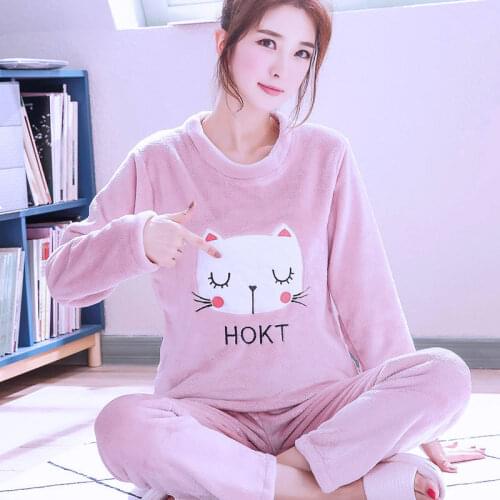 Winter Womens Warm Sleepwear Cartoon Sweet Pajamas Set Soft Flannel Top Pyjamas Long Pant Casual Mom 2020 Homewear Big Size Pjs
