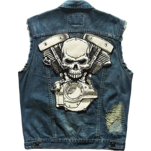 Badges Rivet Embroidery Punk Skeleton Knight Patch Grim Reaper Motorcycle Club Reflective Mens Denim Vest Distressed 5XL