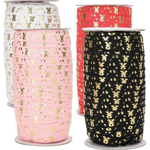 100yards 5/8"16mm Gold foil Christmas Deer Head printed FOE fold over elastic ribbon welcome custom printed